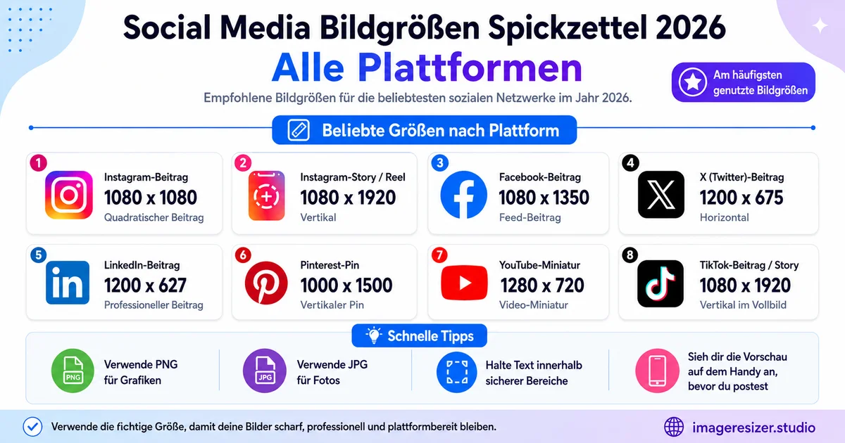 Social Media Bildgrößen Spickzettel 2026: Alle Plattformen