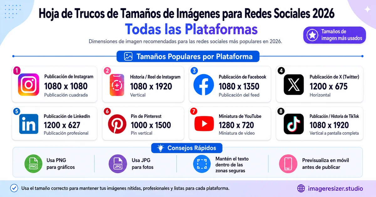 Hoja de Trucos de Tamaños de Imágenes para Redes Sociales 2026