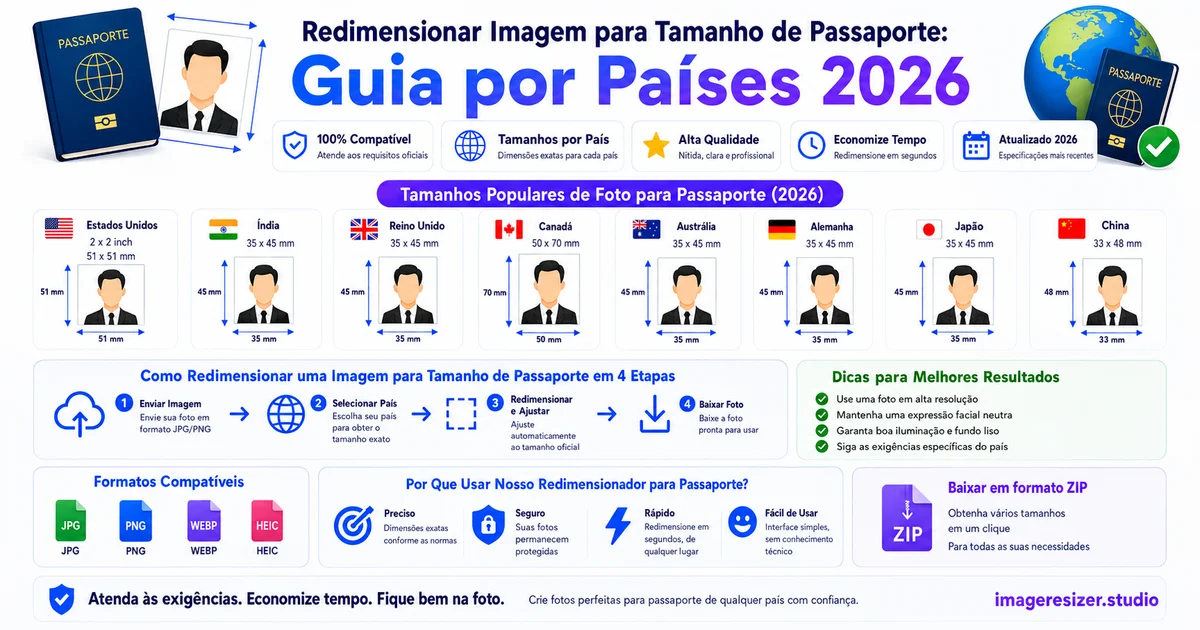 Redimensionar Imagem para Tamanho de Passaporte: Guia por Países 2026